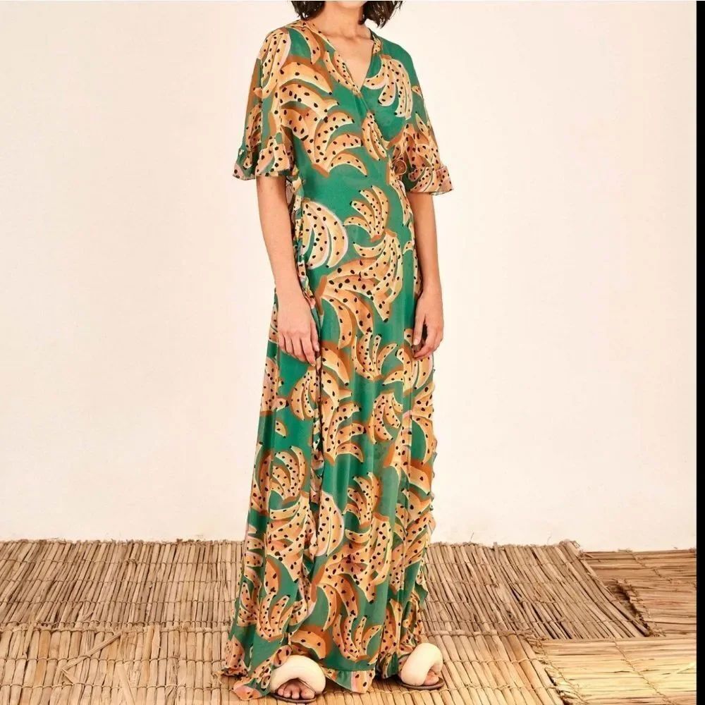 NWT FARM RIO Green Raining Bananas Maxi Wrap Dress L